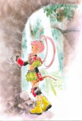 Rule 34 | 1girl, bow (weapon), chelsea torn, choker, full body, gloves, inomata mutsumi, knee pads, long hair, midriff, official art, pink hair, profile, scan, shoes, skirt, smile, solo, tales of (series), tales of destiny, twintails, weapon