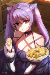 Rule 34 | 1girl, absurdres, artezahn, bare shoulders, commentary, cone hair bun, dress, food, genshin impact, golden shrimp balls (genshin impact), hair bun, hand up, highres, holding, holding food, keqing (genshin impact), long hair, looking at viewer, off-shoulder dress, off shoulder, parted lips, plate, purple dress, purple eyes, purple hair, solo, twintails, upper body