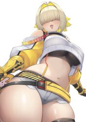 Rule 34 | 1girl, arm guards, belt, black sports bra, blonde hair, blush, breasts, clothing cutout, crop top, crop top overhang, cropped sweater, curvy, elegg (nikke), goddess of victory: nikke, grey shorts, hair intakes, hair over eyes, highres, large breasts, long bangs, long sleeves, micro shorts, midriff, multicolored hair, navel, open mouth, pinta (ayashii bochi), short hair, shorts, shoulder cutout, smile, solo, sports bra, sweater, thick thighs, thighs, white sweater, wide hips