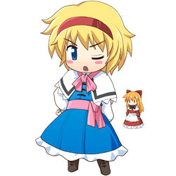 Rule 34 | 1girl, alice margatroid, apron, blonde hair, blue dress, blue eyes, blush, boots, bow, capelet, chibi, doll, dress, female focus, frilled skirt, frills, hairband, haniwa, haniwa (leaf garden), head scarf, hourai doll, lowres, one eye closed, open mouth, orange hair, red bow, red dress, red hairband, sash, short hair, skirt, solo, touhou, white background, white sleeves, wink