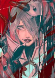 Rule 34 | 1girl, animification, apex legends, black gloves, blood moon catalyst, cable, catalyst (apex legends), chin piercing, gloves, grey eyes, grey hair, grey jacket, hair over one eye, haji (haji07lo), highres, jacket, liquid, long bangs, looking at viewer, nose piercing, nose ring, official alternate costume, parted lips, piercing, portrait, red background, red lips, short hair, solo