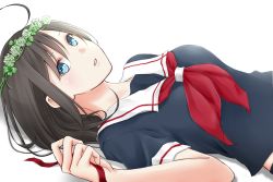 Rule 34 | 10s, 1girl, aoi rin (miya1102), black hair, blue eyes, clover, clover (flower), flower, four-leaf clover, kantai collection, long hair, looking at viewer, lying, neckerchief, on back, red neckerchief, ribbon, school uniform, serafuku, shigure (kancolle), simple background, solo, upper body, white background, wreath