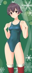 Rule 34 | 1girl, absurdres, ahoge, black hair, breasts, brown eyes, competition swimsuit, cowboy shot, fur-trimmed legwear, fur trim, green background, green one-piece swimsuit, highres, kantai collection, logo, looking at viewer, one-piece swimsuit, red thighhighs, sakawa (kancolle), short hair, small breasts, snowflake background, solo, speedo (company), standing, swimsuit, takafumi, thighhighs