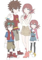 Rule 34 | brown hair, couple, digimon, digimon xros wars, highres, hinomoto akari, kudou taiki, low twintails, multiple persona, short hair, simple background, twintails, white background