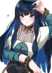Rule 34 | absurdres, bare shoulders, blue eyes, denim, denim shorts, eyewear on head, fate/grand order, fate (series), highres, jewelry, long hair, multicolored hair, ringed eyes, shorts, solo, tenochtitlan (fate), tenochtitlan (second ascension) (fate)