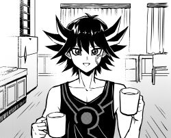 Rule 34 | 1boy, black hair, black tank top, cabinet, chair, collarbone, cup, curtains, facial tattoo, floor, fudo yusei, greyscale, hand up, highres, holding, holding cup, indoors, ladder, looking at viewer, male focus, monochrome, mug, open mouth, refrigerator, screentones, short hair, smile, solo, spiked hair, tank top, tattoo, wall, youko-shima, yu-gi-oh!, yu-gi-oh! 5d&#039;s
