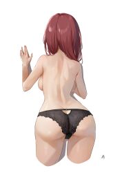 Rule 34 | 1girl, absurdres, ass, back, backboob, black panties, breasts, butt crack, from behind, hand up, highres, kkix25, lace, lace-trimmed panties, lace trim, large breasts, long hair, original, panties, red hair, red nails, signature, simple background, solo, topless, underwear, underwear only, white background