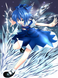 Rule 34 | 1girl, ahoge, black footwear, blue bow, blue dress, blue eyes, blue hair, bow, breasts, cirno, collared shirt, commentary request, dress, fang, full body, hair between eyes, hair bow, ice, ice wings, long bangs, looking at viewer, mary janes, maso (artist), neck ribbon, open mouth, pinafore dress, puffy short sleeves, puffy sleeves, red ribbon, ribbon, shirt, shoes, short hair, short sleeves, sleeveless, sleeveless dress, small breasts, smile, socks, solo, touhou, v-shaped eyebrows, white shirt, white socks, wings