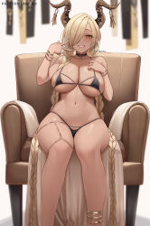 Rule 34 | 1girl, abpart, absurdres, anklet, azur lane, bare shoulders, bikini, black bikini, black choker, blonde hair, blush, braid, breasts, chair, choker, feet out of frame, hair over one eye, hands up, highres, horn ornament, horns, jewelry, large breasts, long hair, looking at viewer, mixed-language commentary, navel, one eye covered, owari (azur lane), sitting, smile, solo, stomach, swimsuit, thighs, twin braids, underboob