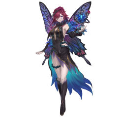 Rule 34 | 1girl, absurdres, bare shoulders, black dress, black footwear, blue eyes, boots, breasts, bridal gauntlets, butterfly wings, center opening, cleavage, cleavage cutout, clothing cutout, commentary request, covered navel, dress, facial mark, fairy wings, fire emblem, fire emblem heroes, floating, floating object, flower, full body, gradient clothes, hair ornament, hair over one eye, highres, insect wings, leaf, lips, long hair, medium breasts, nintendo, official art, pale skin, purple hair, rose, shiny skin, sleeveless, solo, standing, thorns, triandra (fire emblem), white background, wings, yoshiku (oden-usagi)