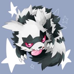 Rule 34 | blue background, claws, colored sclera, creatures (company), drooling, full body, galarian form, galarian zigzagoon, game freak, gen 3 pokemon, gen 8 pokemon, looking at viewer, nintendo, no humans, open mouth, pink sclera, pokemon, pokemon (creature), pokemon swsh, purple eyes, saliva, sharp teeth, simple background, smile, solo, star (symbol), teeth, tongue, tongue out, waribashi (warenuhasi), zigzagoon