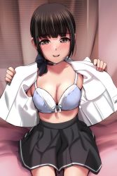 Rule 34 | 1girl, absurdres, black skirt, blue bow, blue bowtie, blue bra, blunt bangs, blush, bow, bowtie, bra, breasts, brown eyes, brown hair, cleavage, curtains, highres, looking at viewer, matsunaga kouyou, medium breasts, open clothes, open mouth, open shirt, original, school uniform, shirt, short hair, short sleeves, sitting, skirt, smile, solo, striped bow, striped bowtie, striped clothes, thighs, underwear, white shirt