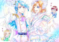 Rule 34 | 1girl, 3boys, ;), aisaki masato, bishounen, blue eyes, blue hair, bob cut, bow, brother and sister, cure infini, cure waffle, earrings, gloves, hair ornament, heart, hugtto! precure, jewelry, kirakira precure a la mode, long hair, looking at viewer, magical boy, male focus, multiple boys, one eye closed, outstretched hand, parari (parari000), pikario (precure), precure, purple eyes, siblings, smile, sparkle, spoilers, wakamiya henri, white gloves, wing hair ornament, wings