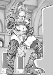 Rule 34 | 1girl, absurdres, armor, armored boots, bathroom, bikini armor, blush, boots, breastplate, censored, closed mouth, clothing aside, collarbone, dodomesu, female focus, female pubic hair, full body, gauntlets, gluteal fold, greyscale, hand up, high ponytail, highres, indoors, jewelry, knight, lifting own clothes, loincloth, long hair, looking down, midriff, monochrome, mosaic censoring, navel, necklace, original, outline, panties, panties aside, pelvic curtain, pubic hair, pussy, shoulder armor, solo, spread legs, standing, sweat, thighhighs, toned, underwear, urinal, urinal use, white outline