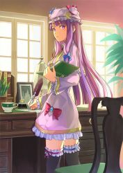 Rule 34 | 1girl, black thighhighs, book, capelet, chair, crescent, cup, desk, dress, female focus, frilled dress, frilled thighhighs, frills, hair ribbon, hat, inkwell, kashinogi, long hair, long sleeves, looking at viewer, paper, patchouli knowledge, pen, photo (object), plant, potted plant, puffy sleeves, purple dress, purple eyes, purple skirt, ribbon, skirt, solo, teacup, thighhighs, touhou, tress ribbon, very long hair, wide sleeves, window, writing, zettai ryouiki