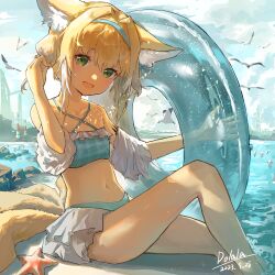 Rule 34 | 1girl, absurdres, alternate costume, animal ear fluff, animal ears, arknights, artist name, bikini, blonde hair, blue bikini, blue hairband, blue innertube, chinese commentary, collarbone, colored tips, commentary request, criss-cross halter, dated, detached sleeves, dolala, fox ears, fox girl, fox tail, frilled bikini, frills, green eyes, hairband, halterneck, hand up, highres, innertube, kitsune, knee up, kyuubi, long hair, looking at viewer, material growth, multicolored hair, multiple tails, navel, open mouth, oripathy lesion (arknights), outdoors, plaid, plaid bikini, playing with own hair, short sleeves, signature, sitting, solo, starfish, suzuran (arknights), swim ring, swimsuit, tail, two-tone hair