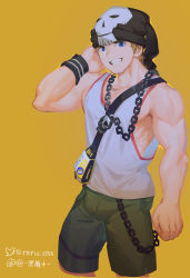 Rule 34 | 1boy, arm behind head, beanie, bitou daisukenojou, blonde hair, blue eyes, chain, clenched hand, fanny pack, green shorts, grin, hat, heiyao, highres, jewelry, looking at viewer, male focus, necklace, shirt, short hair, shorts, skull print, sleeveless, smile, subarashiki kono sekai, sweatband, tank top, toned, toned male, wallet chain, white tank top, wristband, yellow background