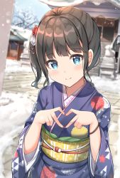 Rule 34 | 1girl, absurdres, black hair, blue eyes, blue kimono, blurry, blurry background, blush, closed mouth, commentary request, day, depth of field, floral print, furisode, hands up, heart, heart hands, highres, japanese clothes, keiran (ryo170), kimono, long sleeves, looking at viewer, nengajou, new year, obi, original, outdoors, print kimono, sash, side ponytail, smile, snow, solo, stairs, stone stairs, wide sleeves
