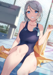Rule 34 | 1girl, absurdres, bare shoulders, blue eyes, blue one-piece swimsuit, blurry, breasts, chain-link fence, cleavage, collarbone, competition swimsuit, depth of field, female focus, fence, grey hair, highres, large breasts, love live!, love live! sunshine!!, one-piece swimsuit, poolside, sitting, smile, solo, swimsuit, towel, watanabe you, yamaori (yamaorimon)
