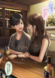 Rule 34 | 2girls, alcohol, bar (place), bare shoulders, black hair, black shirt, blush, bottle, bracelet, brown hair, champagne flute, closed eyes, collared shirt, counter, crying, cup, drinking glass, earrings, grey eyes, grey shirt, hair between eyes, holding person, icchiramen, indoors, jewelry, long hair, looking at another, multiple girls, open mouth, original, shirt, short hair, short sleeves, single earring, speech bubble, tears, translation request, watch, yuri