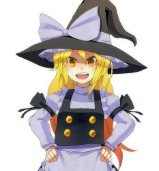 Rule 34 | 1girl, bad id, bad pixiv id, blonde hair, bow, buttons, female focus, hands on own hips, hat, kirisame marisa, long hair, open mouth, ribbon, sanuki (zigzagflamberge), smile, solo, touhou, transparent background, upper body, witch, witch hat, yellow eyes