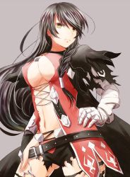 Rule 34 | 1girl, armor, bandaged arm, bandages, belt, black hair, black neckwear, braid, breasts, brown eyes, chain, coat, expressionless, female focus, gloves, grey background, large breasts, long hair, mishiro (andante), navel, short shorts, shorts, side braid, simple background, solo, tales of (series), tales of berseria, thighhighs, torn clothes, underboob, velvet crowe, yellow eyes