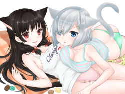 Rule 34 | 10s, 2girls, animal ears, ass, black hair, blue eyes, breasts, camisole, cat ears, cat tail, green panties, hair ornament, hair over one eye, hair ribbon, hairclip, hamakaze (kancolle), isokaze (kancolle), kantai collection, kemonomimi mode, long hair, lying, medium breasts, multiple girls, no pants, on back, on stomach, ozaki mirai, panties, pink panties, red eyes, ribbon, short hair, silver hair, smile, string panties, tail, underwear