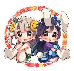 Rule 34 | 2girls, animal costume, animal ears, bjcrk453, blue background, blue hair, blush, chibi, commentary request, grey hair, hair between eyes, horns, leg grab, long hair, looking at viewer, love live!, love live! school idol festival, love live! school idol project, minami kotori, multiple girls, one side up, open mouth, outline, rabbit costume, rabbit ears, rabbit tail, sheep costume, sheep ears, sheep horns, sitting, smile, sonoda umi, tail, thighhighs, white outline, yellow eyes