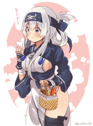 Rule 34 | 10s, 1girl, ainu clothes, bandana, basket, black thighhighs, blue eyes, breasts, carrot, folded ponytail, headband, highres, kamoi (kancolle), kantai collection, long hair, long sleeves, onion, paper, potato, sidelocks, smile, solo, suzuki toto, thick eyebrows, thighhighs, twitter username, white hair, wrist guards