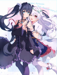 Rule 34 | 2girls, absurdres, anniversary, arcaea, bai-hyacinth, bare shoulders, behind another, black choker, black hair, black ribbon, blue background, blue dress, blue eyes, boots, border, breasts, choker, cleavage, closed mouth, collarbone, crossed bangs, detached sleeves, dress, expressionless, flower, frilled dress, frills, gem, gradient background, hair flower, hair ornament, hair ribbon, hand on another&#039;s waist, happy birthday, head tilt, heart, heart hands, heart hands duo, highres, hikari (arcaea), jewelry, leg up, long dress, long hair, long sleeves, looking at viewer, medium breasts, multicolored background, multicolored clothes, multicolored dress, multiple girls, neck ribbon, one eye closed, open mouth, pantyhose, pendant, pendant choker, pink background, pink eyes, puffy short sleeves, puffy sleeves, purple dress, purple pantyhose, ribbon, ribbon-trimmed dress, scrunchie, short sleeves, sidelocks, smile, tairitsu (arcaea), text background, thighhighs, twintails, very long hair, white border, white dress, white footwear, white hair, white ribbon, white scrunchie, white thighhighs, wide sleeves