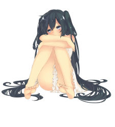 Rule 34 | 1girl, absurdres, akamata, alternate eye color, alternate hair color, barefoot, black hair, blue eyes, blush, dress, feet, full body, hatsune miku, highres, hugging own legs, legs, long hair, simple background, soles, solo, toes, twintails, very long hair, vocaloid, white background
