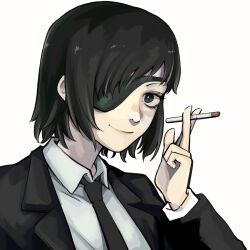 Rule 34 | 1girl, between fingers, black hair, black jacket, black necktie, chainsaw man, cigarette, collared shirt, cropped torso, eyepatch, formal, green eyes, highres, himeno (chainsaw man), holding, holding cigarette, jacket, looking at viewer, necktie, portrait, shirt, short hair, simple background, smile, smoking, solo, suit, suit jacket, upper body, white background, white shirt, yuma kahara