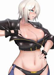 Rule 34 | 1girl, absurdres, angel (kof), backless pants, blue eyes, bra, breasts, chaps, cleavage, crop top, cropped jacket, fingerless gloves, gaccocha, gloves, hair over one eye, hand on own stomach, highres, jacket, large breasts, leather, leather jacket, midriff, navel, open mouth, panties, pants, revealing clothes, short hair, simple background, snk, solo, strapless, strapless bra, the king of fighters, the king of fighters xiv, toned, underwear, white hair