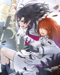 Rule 34 | 1boy, 1girl, ahoge, black footwear, black gloves, black hair, boots, brown eyes, cloak, commentary request, constantine xi (fate), earrings, fate/grand order, fate (series), feet out of frame, fujimaru ritsuka (female), fujimaru ritsuka (female) (decisive battle chaldea uniform), gloves, highres, holding, holding sword, holding weapon, jacket, jewelry, leaning forward, long hair, looking ahead, looking at viewer, motion blur, open mouth, orange hair, ragu (ragu00), revision, skirt, sweat, sword, tassel, teeth, upper teeth only, v-shaped eyebrows, vlad iii (fate/apocrypha), weapon, white cloak, white gloves, white jacket, white skirt, yellow eyes