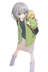 Rule 34 | 1girl, absurdres, backpack, bag, black shirt, cropped legs, green eyes, green jacket, grey hair, grey skirt, hair ornament, hairclip, hand on own thigh, highres, holding strap, jacket, kurobeko (kur0bek0), leaning forward, leg warmers, light blush, long sleeves, looking at viewer, medium hair, open clothes, open jacket, open mouth, shirt, sidelocks, simple background, skirt, smile, solo, white background, yama no susume, yukimura aoi