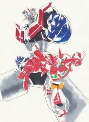 Rule 34 | clenched hand, clenched hands, crossover, getter-1, getter robo, highres, k.yu-ki, marker (medium), mazinger (series), mazinger z, mazinger z (mecha), mecha, open hand, robot, science fiction, spikes, super robot, traditional media, yellow eyes