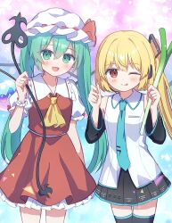 Rule 34 | 2girls, ascot, black skirt, black thighhighs, blue eyes, blue hair, blue necktie, collared shirt, cosplay, costume switch, crystal, flandre scarlet, flandre scarlet (cosplay), frilled skirt, frills, hat, hatsune miku, hatsune miku (cosplay), highres, laevatein (touhou), mob cap, multiple girls, necktie, nene man, project sekai, red eyes, red skirt, red vest, shirt, side ponytail, skirt, sleeveless, sleeveless shirt, spring onion, thighhighs, touhou, twintails, vest, vocaloid, white sleeves, wings, yellow ascot, zettai ryouiki