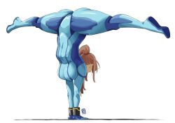 Rule 34 | 1girl, artist logo, ass, automatic giraffe, blonde hair, blue bodysuit, bodysuit, breasts, facing away, hands on ground, handstand, highres, metroid, nintendo, ponytail, rotated, samus aran, simple background, solo, split, thick thighs, thighs, tight clothes, upside-down, white background, zero suit