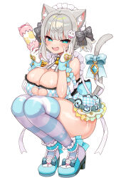 Rule 34 | 1girl, :d, absurdres, animal ear fluff, animal ears, arato asato, bell, black bow, blue bow, blue eyes, blue thighhighs, blush, bow, breasts, cat ears, cat girl, cat tail, cleavage, cleavage cutout, clothing cutout, davi artman, dress, fang, footwear bow, frills, full body, gloves, grey hair, hair bow, highres, holding, holding rattle, indie virtual youtuber, kemonomimi mode, large breasts, looking at viewer, maid headdress, name tag, open mouth, rattle, shoes, short hair, simple background, smile, smug, solo, squatting, striped clothes, striped thighhighs, tail, tail bow, tail ornament, thighhighs, virtual youtuber, white background