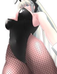 Rule 34 | 1girl, absurdres, animal ears, bare shoulders, black leotard, black ribbon, blue eyes, braid, breasts, cleavage, covered navel, fake animal ears, fate/grand order, fate (series), fishnet pantyhose, fishnets, french braid, from below, groin, hair ribbon, highleg, highleg leotard, highres, large breasts, leotard, long hair, looking at viewer, morgan le fay (fate), no bra, pantyhose, ponytail, rabbit ears, ribbon, sidelocks, simple background, thighs, underboob, very long hair, white background, white hair