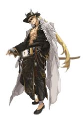 Rule 34 | 1boy, abs, amatuki, bandages, belt, black footwear, black headwear, blonde hair, center opening, chinese clothes, full body, glasses, guilty gear, hand in pocket, hat, highres, jacket, jacket on shoulders, johnny (guilty gear), katana, long hair, male focus, muscular, muscular male, pectoral cleavage, pectorals, pirate, ponytail, sandals, sheath, sheathed, simple background, smile, stomach, sunglasses, sword, weapon, white background, white jacket