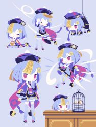 Rule 34 | 1girl, bird, birdcage, braid, cage, chibi, closed eyes, closed mouth, cobalta, cup, drinking, drinking straw, genshin impact, highres, holding, holding cup, long hair, open mouth, pink eyes, purple background, purple hair, qiqi (genshin impact), simple background, single braid
