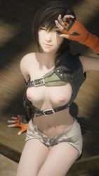 Rule 34 | 1girl, 3d, absurdres, arm up, belt, breasts, brown eyes, buckle, closed mouth, eyelashes, female focus, final fantasy, final fantasy vii, final fantasy vii remake, fingerless gloves, gloves, highres, kallenz, legs, navel, nipples, one eye closed, short hair, shorts, sitting, small breasts, solo, square enix, stomach, thighs, unbuttoned, open fly, yuffie kisaragi