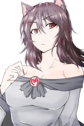 Rule 34 | 1girl, :&lt;, absurdres, animal ears, bare shoulders, breasts, brown hair, cleavage, collarbone, dress, fingernails, highres, imaizumi kagerou, jewelry, large breasts, long hair, looking at viewer, nekomata kyou, red eyes, solo, touhou, werewolf, wolf ears