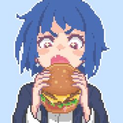 Rule 34 | 1girl, blue background, blue hair, burger, cheese, determined, earrings, eating, food, hcnone, holding, holding food, jewelry, lettuce, long sleeves, open mouth, original, outline, pixel art, portrait, red eyes, shirt, short hair, simple background, skye (hcnone), solo, tomato, white outline, white shirt