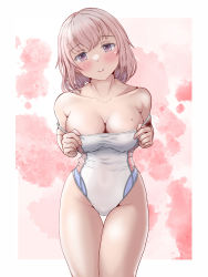 Rule 34 | 1girl, blush, breasts, clothes pull, collarbone, competition swimsuit, highleg, highleg swimsuit, highres, looking at viewer, mashinatsu, medium breasts, mole, mole on breast, one-piece swimsuit, one-piece swimsuit pull, original, pink eyes, pink hair, short hair, swimsuit, thigh gap