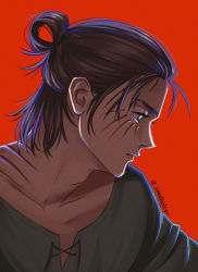 Rule 34 | 1boy, blue eyes, body markings, brown hair, closed mouth, eren yeager, facial mark, grey shirt, hair bun, hair pulled back, hair up, highres, lace-up top, looking to the side, male focus, medium hair, profile, red background, shingeki no kyojin, shirt, solo, sweetspicy, upper body