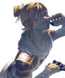 Rule 34 | 1boy, armor, bandaged arm, bandages, blonde hair, blue eyes, bodysuit, collarbone, commentary request, earrings, eyelashes, fingerless gloves, gloves, hair between eyes, hair bun, hair ornament, hair stick, highres, jewelry, link, looking at viewer, male focus, mask, mask pull, medium hair, mouth mask, ninja mask, nintendo, pointy ears, ruint, scarf, shoulder armor, sidelocks, signature, single hair bun, solo, stealth set (zelda), swept bangs, the legend of zelda, the legend of zelda: breath of the wild, upper body, white background, white scarf