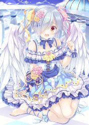Rule 34 | 1girl, angel, angel wings, bare shoulders, barefoot, blue dress, blue sky, blush, bow, checkered floor, choker, corset, day, dress, feathered wings, flower, frilled dress, frills, full body, grey hair, hair flower, hair ornament, hair over one eye, hair ribbon, kneeling, knees together feet apart, looking at viewer, love live!, love live! school idol festival, official art, open mouth, outdoors, pastel colors, red eyes, ribbon, sky, smile, solo, takano yuki (allegro mistic), tanaka sachiko, twintails, white wings, wings, wrist cuffs