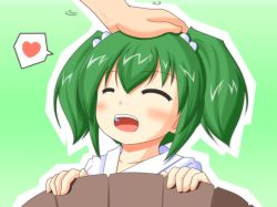 Rule 34 | 1girl, blush, bucket, closed eyes, female focus, green hair, head pat, heart, in bucket, in container, kisume, patting, headpat, solo focus, touhou, twintails, urushi